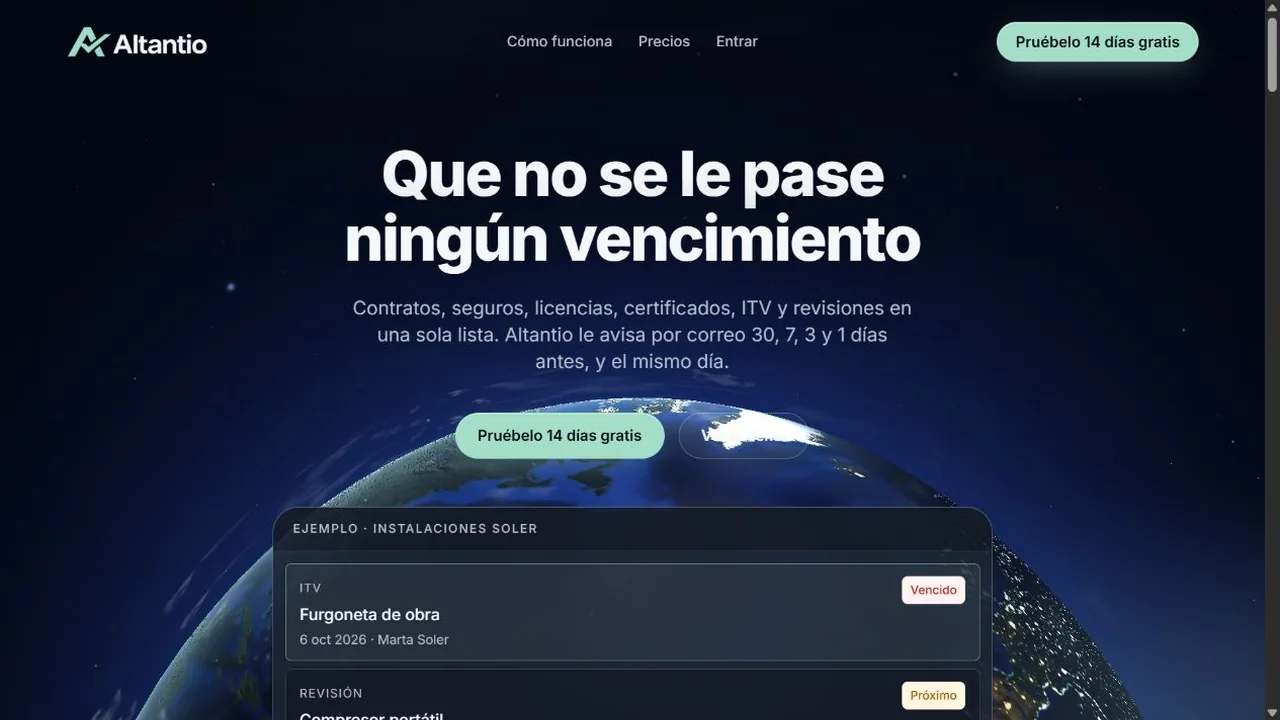 Página de inicio de Altantio, aplicación de control de vencimientos.