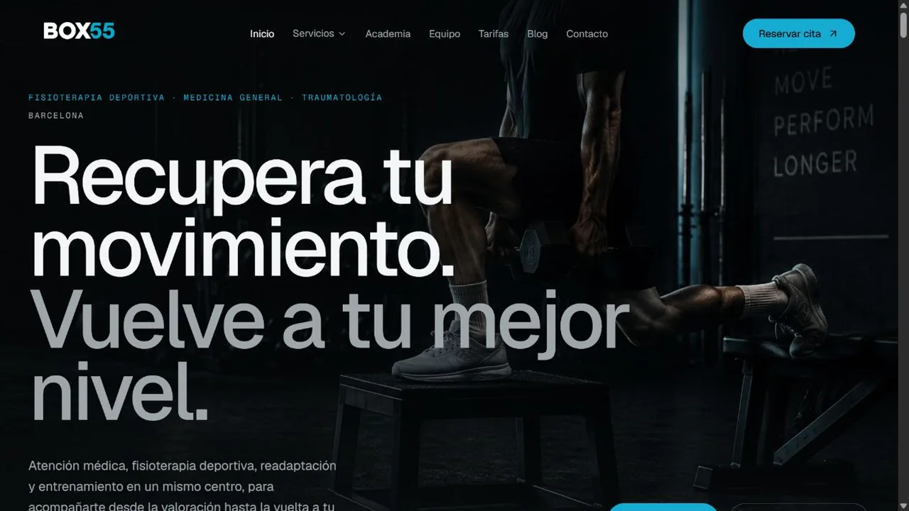 Página de inicio de BOX55 Barcelona, centro de fisioterapia y entrenamiento.