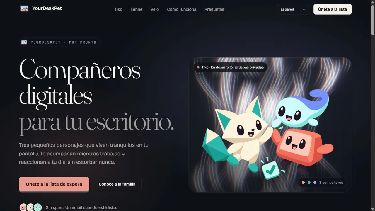 Página de inicio de YourDeskPet con los personajes Tiko, Fenne y Velo.